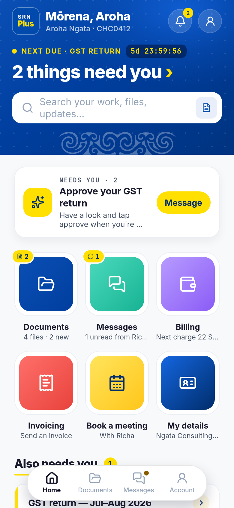 The SRN Plus home screen: two things need you, next due date, documents, messages and more